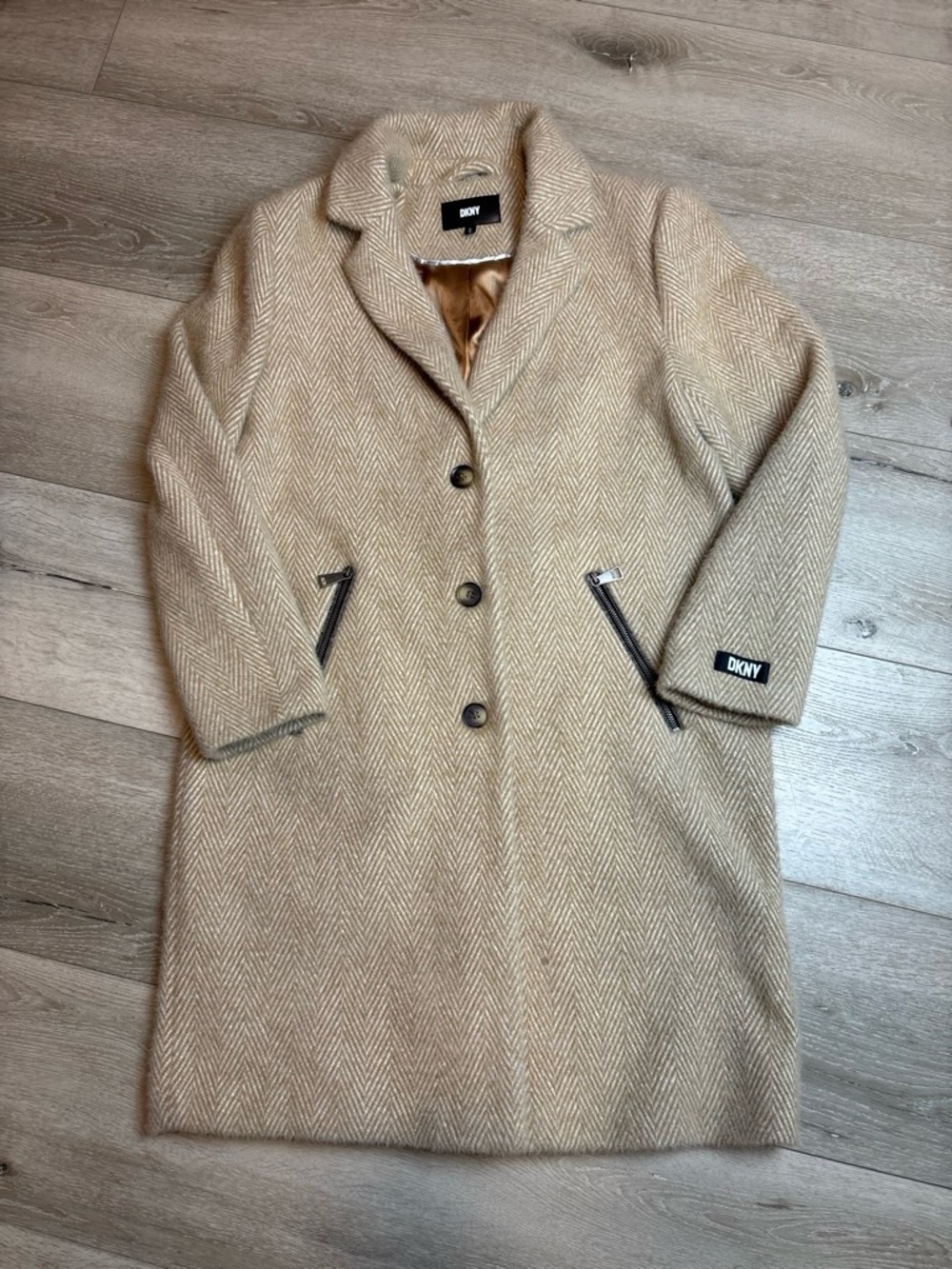 DKNY Tan Herringbone Wool Look Pea Coat